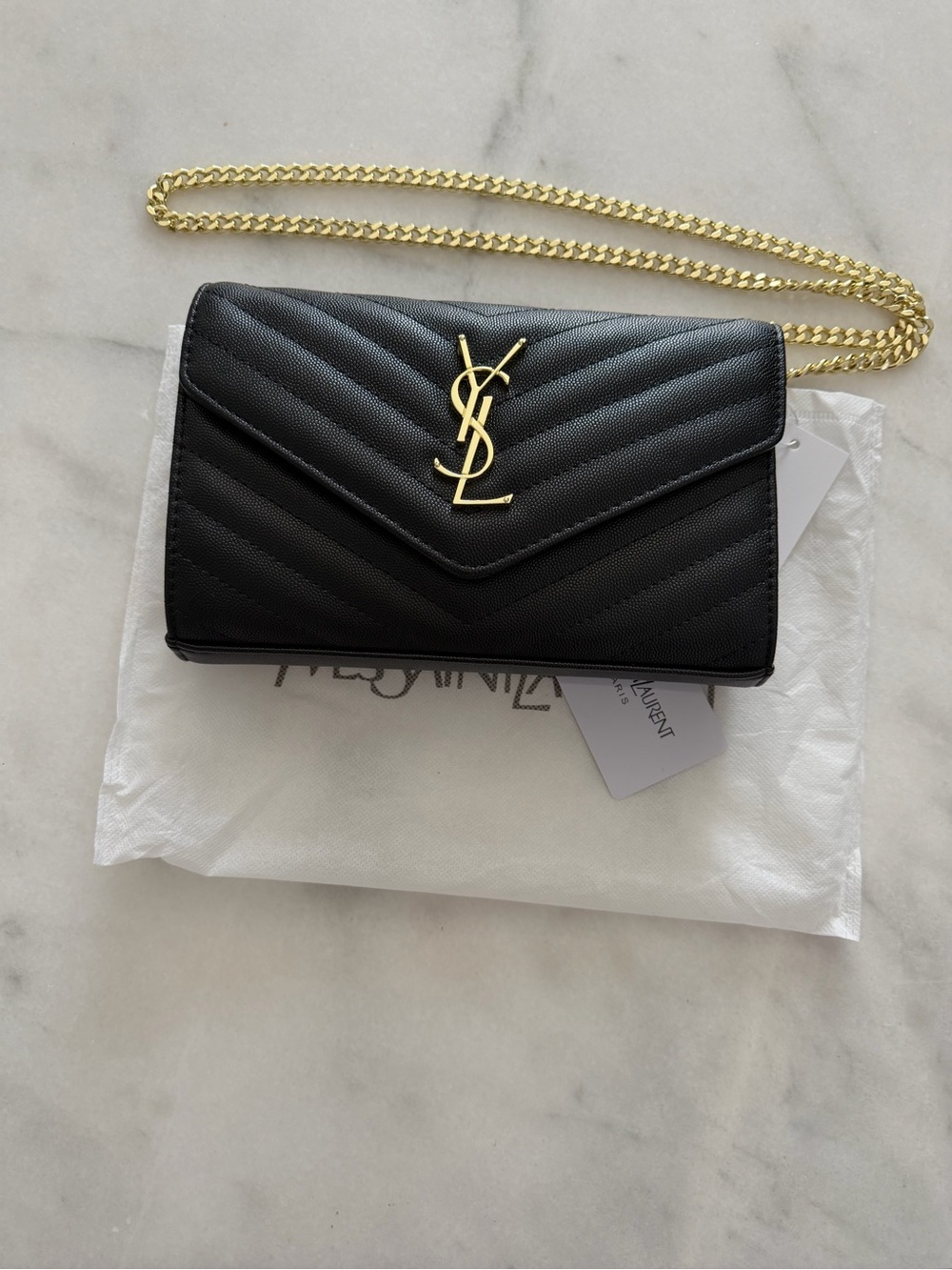 Black Quilted Leather Envelope Crossbody with Gold Chain